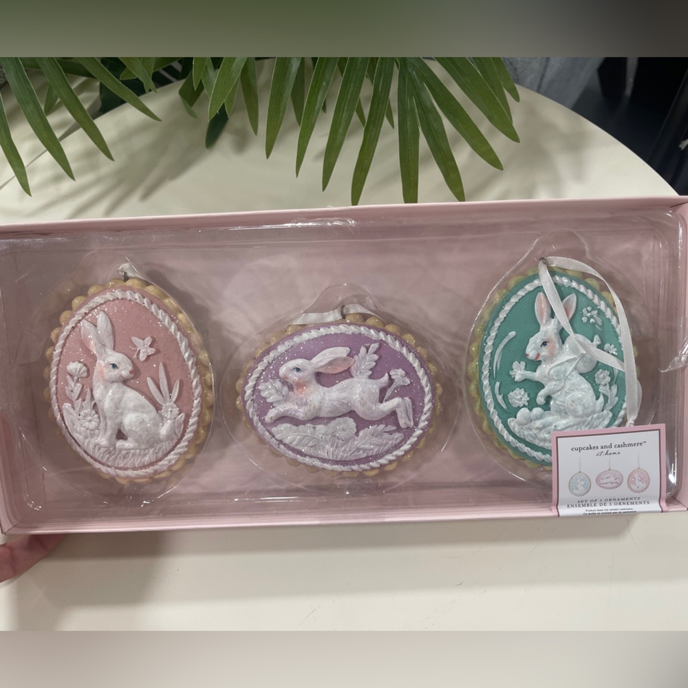 Cupcakes &Cashmere Easter Bunny Cameo Glitter Egg Ornaments Set of 3, NWT
